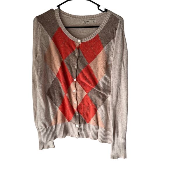 Old Navy Y2k Size Large Beige Orange Argyle Diamond Button Academia Sweater‎ - Picture 1 of 8